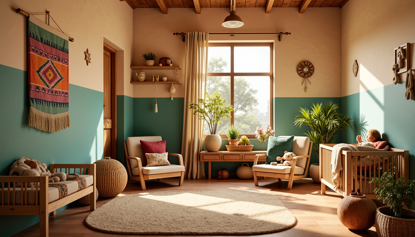 Prompt: Vibrant baby room, Southwestern style, warm beige walls, turquoise accents, soft sandy floors, woven baskets, colorful Navajo-inspired textiles, plush toys, natural wood cribs, rattan furniture, earthy terracotta pots, lush green plants, sunny day, warm golden lighting, shallow depth of field, 1/2 composition, intimate close-up view, realistic textures, ambient occlusion.