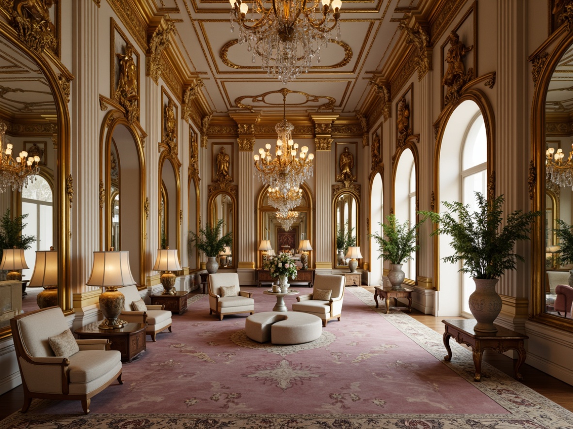 Prompt: Opulent palace interior, intricately carved gold leaf ornaments, delicate crystal chandeliers, ornate mirrors, lavish furnishings, velvet upholstery, curved lines, soft pastel hues, romantic ambiance, warm candlelight, subtle texture overlays, shallow depth of field, 2/3 composition, elegant still-life arrangements, exquisite porcelain vases, lush greenery, playful putti sculptures.