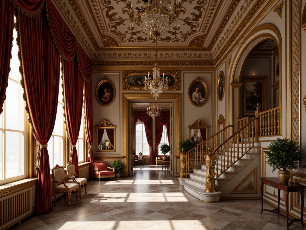 Prompt: Opulent palace interior, intricate carvings, gilded moldings, ornate mirrors, luxurious fabrics, velvet drapes, crystal chandeliers, marble floors, grand staircase, curved lines, whimsical motifs, soft warm lighting, subtle shading, 1/1 composition, intimate atmosphere, rich textures, realistic reflections.