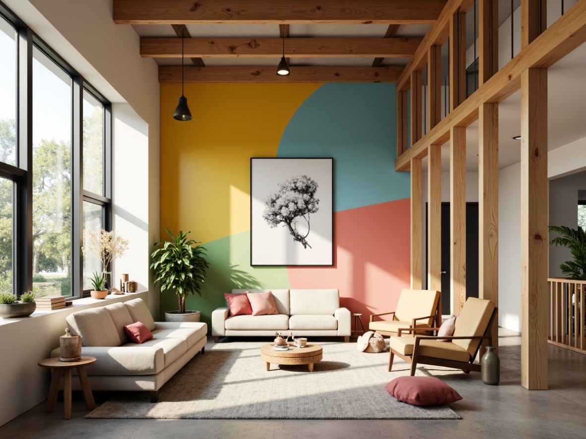 Prompt: Vibrant modern interior, bold accent walls, pastel color scheme, natural wood textures, sleek metal accents, eclectic art pieces, minimalist furniture, airy open spaces, abundant natural light, soft warm glow, shallow depth of field, 1/1 composition, realistic renderings, ambient occlusion.