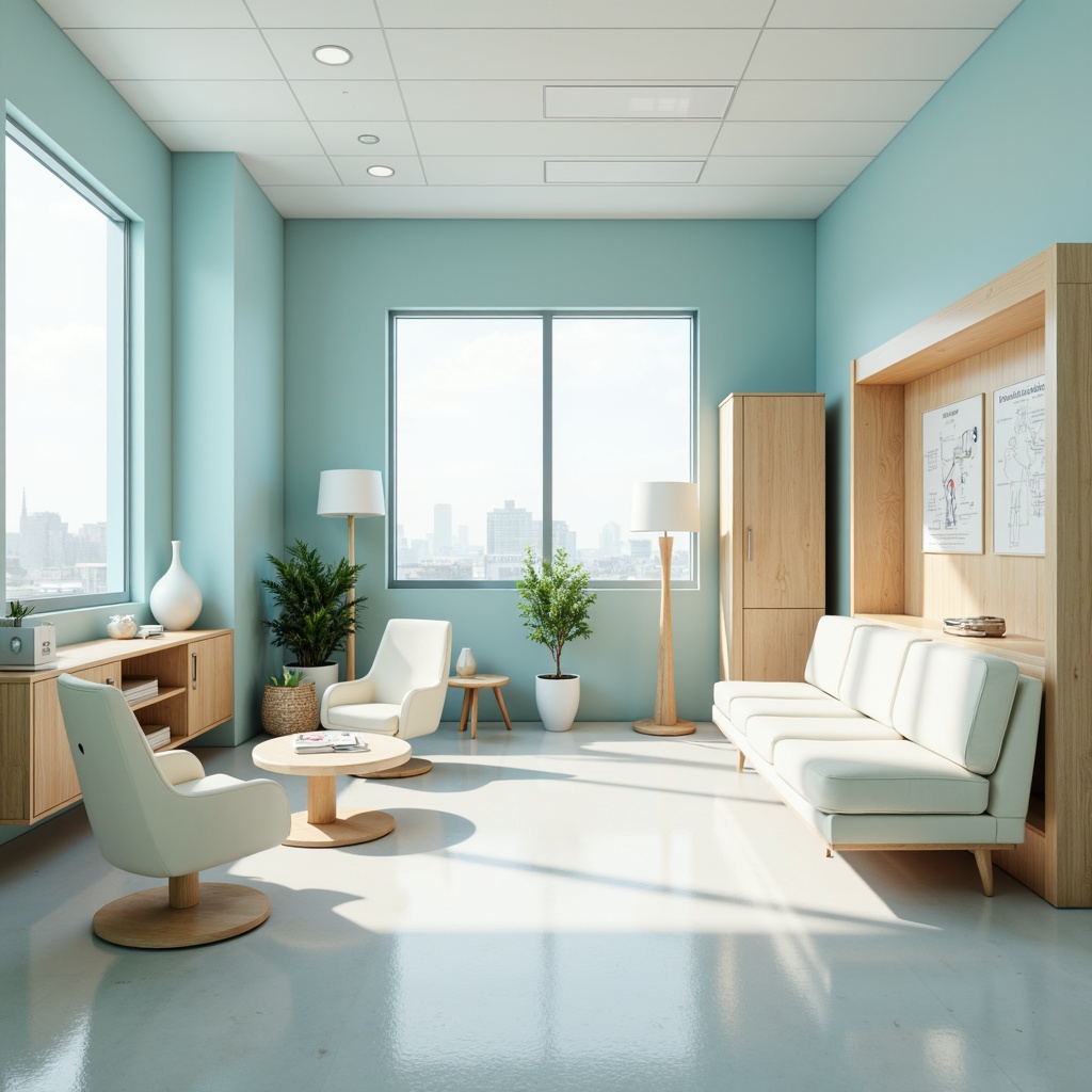 Prompt: Calming clinic interior, soft pastel colors, pale blue walls, creamy white furniture, warm beige accents, natural wood textures, minimalist decor, clean lines, modern medical equipment, sterile environments, softbox lighting, subtle gradient effects, 1/1 composition, realistic renderings, ambient occlusion, gentle color transitions.