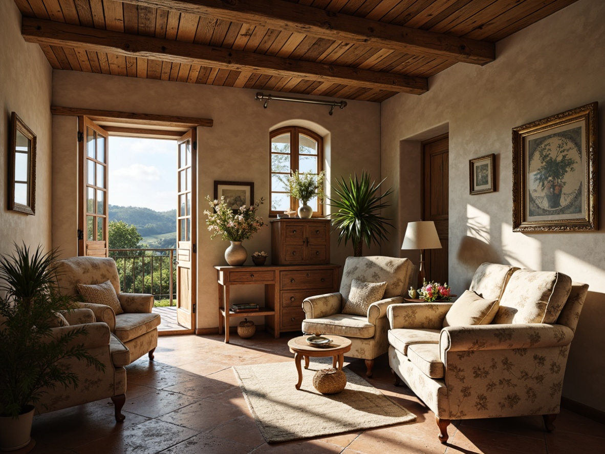 Prompt: Rustic French country cottage, distressed wood beams, natural stone walls, vintage floral patterns, soft velvet fabrics, rich tapestries, elegant toile de Jouy, linen textures, cotton lace trimmings, embroidered motifs, subtle sheen, warm golden lighting, cozy atmosphere, plush armchairs, ornate wooden furniture, carved cabriole legs, delicate porcelain vases, fresh flower arrangements, countryside views, rolling hills, sunny afternoon, soft focus, shallow depth of field, 2/3 composition.