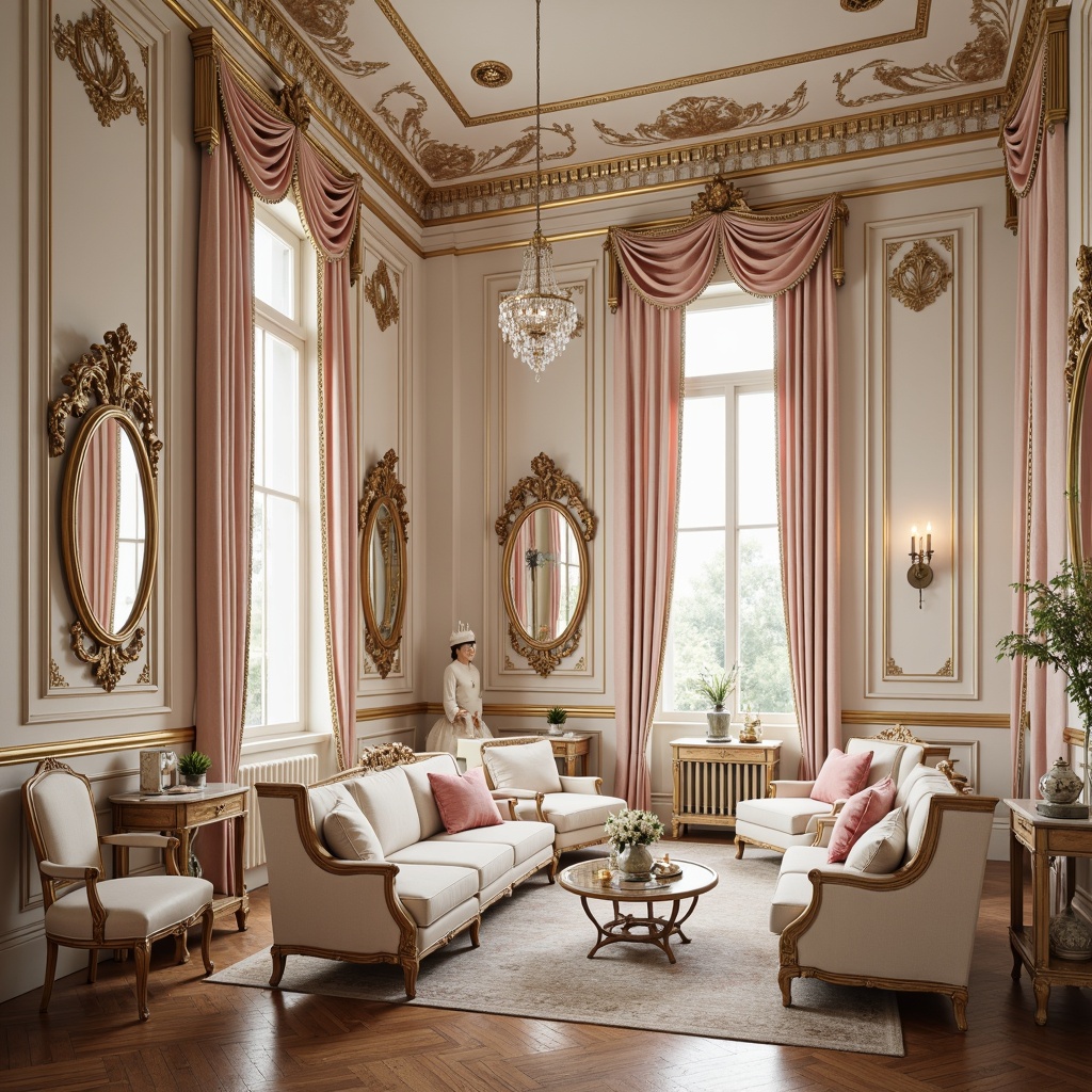 Prompt: Opulent Rococo interior, lavish furnishings, soft pastel hues, pale pink accents, creamy whites, rich gold leaf details, intricate wooden carvings, velvety smooth textures, delicate florals, ornate mirrors, crystal chandeliers, subtle sheen finishes, warm candlelight, 1/1 composition, shallow depth of field, realistic reflections.