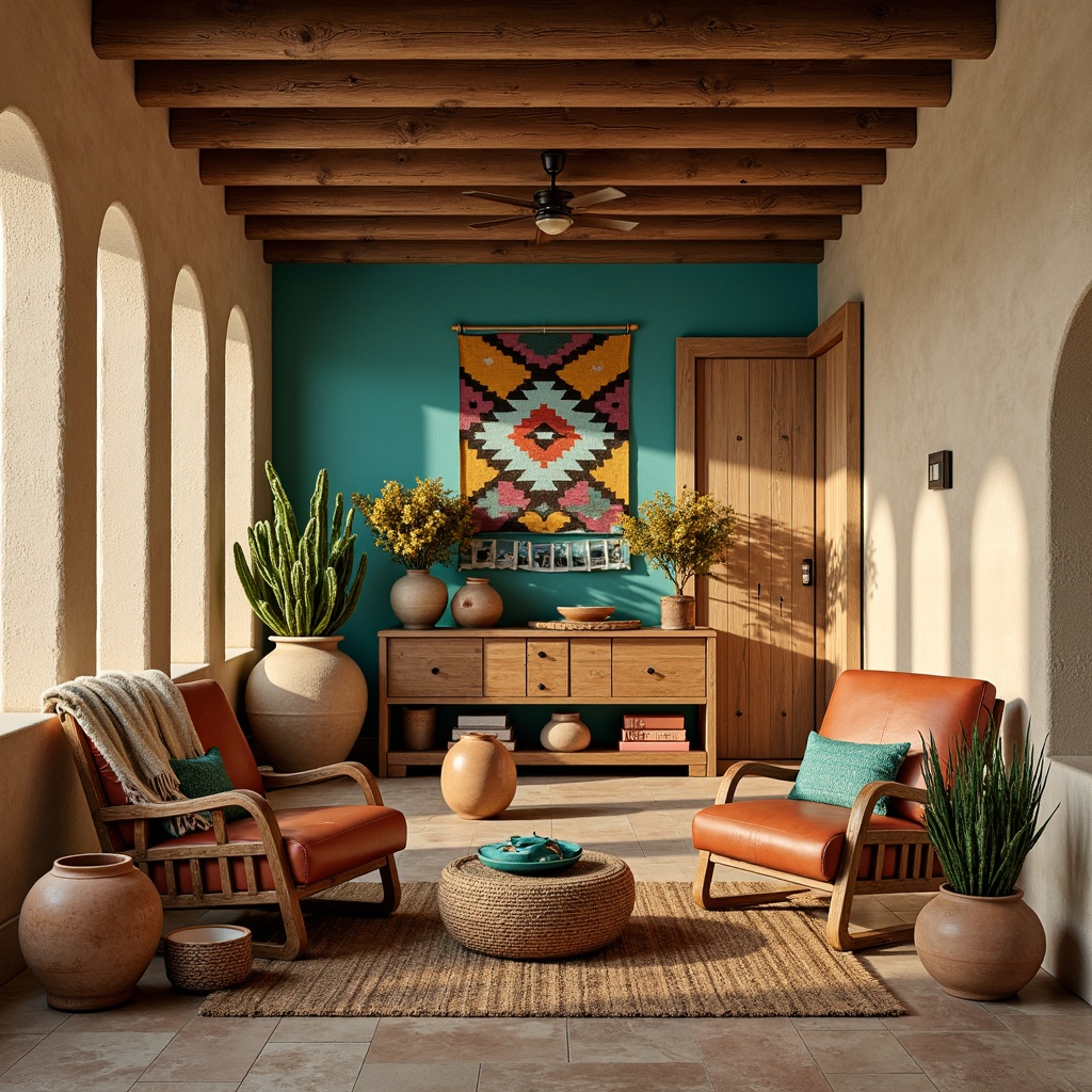 Prompt: Turquoise accents, woven Navajo blankets, rustic wooden furniture, earthy terracotta pots, vibrant cactus flowers, sandy beige walls, natural stone flooring, woven rattan baskets, distressed leather armchairs, vintage Native American pottery, warm golden lighting, shallow depth of field, 1/1 composition, realistic textures, ambient occlusion.