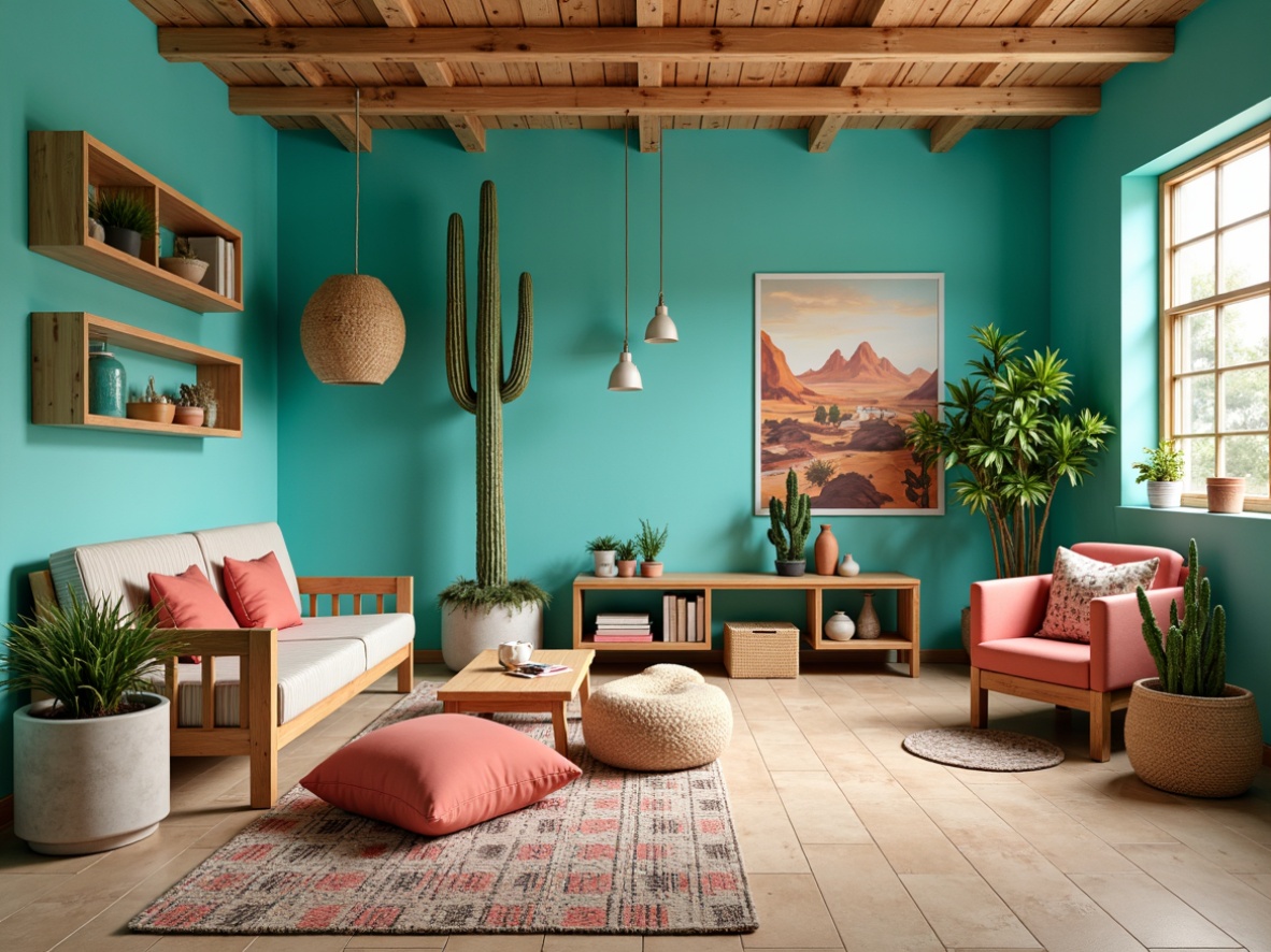 Prompt: Vibrant turquoise walls, sandy beige floors, coral pink accents, cactus-inspired furniture, woven Native American-patterned rug, rustic wooden shelves, vintage desert landscape posters, southwestern-style textiles, playful kid-friendly decor, sunny warm lighting, shallow depth of field, 1/2 composition, intimate cozy atmosphere, earthy natural materials, whimsical folk art patterns.