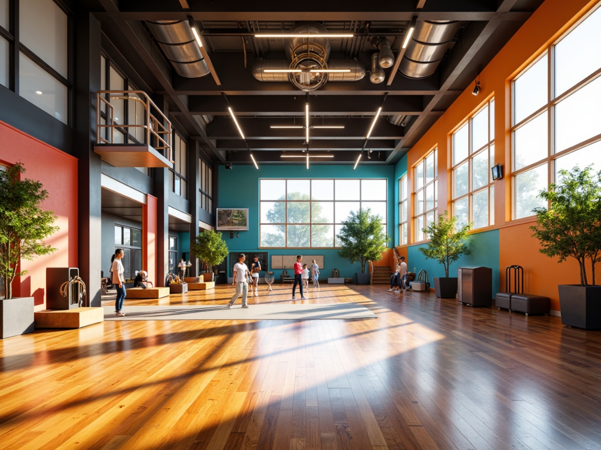 Prompt: Vibrant gymnasium interior, abundant natural light, floor-to-ceiling windows, sleek wooden flooring, modern athletic equipment, suspended LED lighting, polished metal accents, bold color schemes, geometric shapes, dynamic spatial flow, open-plan layout, airy atmosphere, soft warm glow, shallow depth of field, 1/2 composition, realistic textures, ambient occlusion.