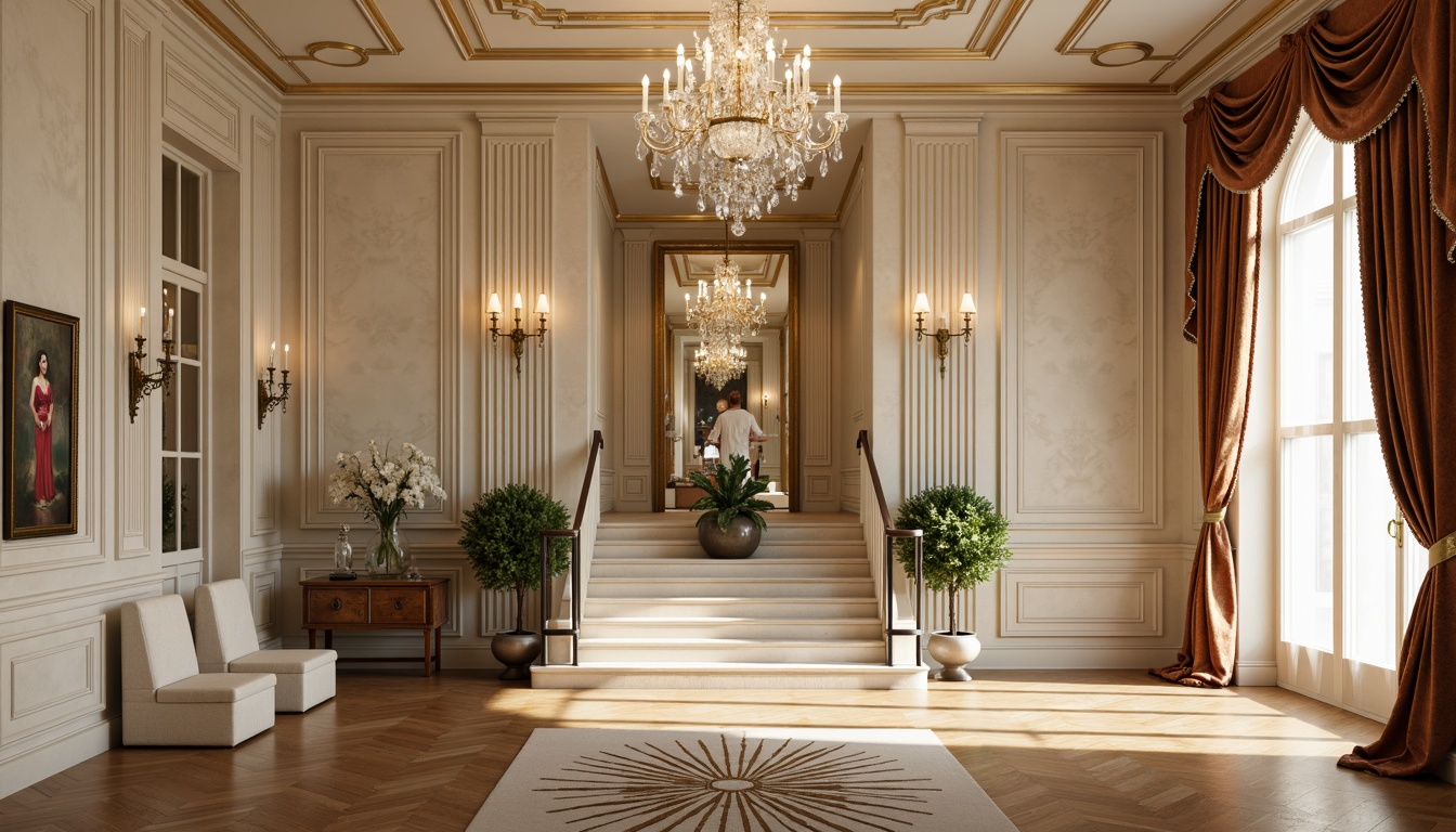 Prompt: Elegant crystal chandeliers, ornate bronze sconces, luxurious marble walls, rich velvet drapes, opulent gold accents, intricate moldings, stately columns, refined wooden floors, majestic grand staircases, sophisticated cream colors, warm soft lighting, subtle shadows, 1/2 composition, atmospheric perspective, realistic textures, detailed normal maps.