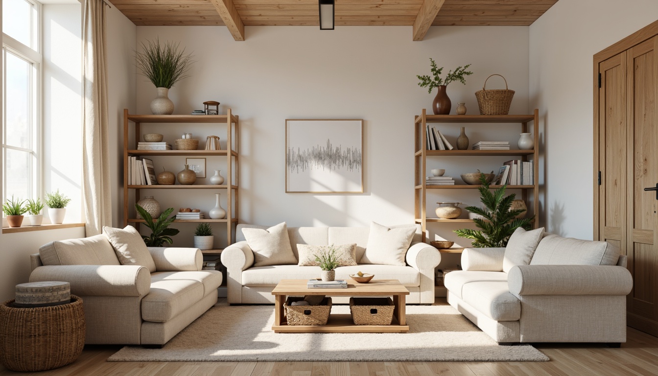 Prompt: Cozy living room, plush sofas, oversized armchairs, wooden coffee tables, woven baskets, soft cushions, pastel color palette, warm lighting, natural textiles, minimalist decor, functional shelving units, ergonomic design, comfortable seating arrangements, ample storage spaces, modern rustic accents, earthy tones, calm atmosphere, relaxing ambiance.