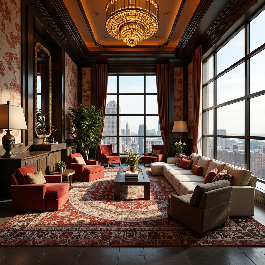 Prompt: Luxurious great room, opulent furnishings, velvety soft couches, plush armchairs, intricately patterned rugs, rich wood accents, warm golden lighting, grand chandeliers, ornate mirrors, lavish drapes, sumptuous fabrics, jewel-toned colors, inviting atmosphere, cozy reading nooks, statement walls, eclectic decor, abstract artwork, majestic floor-to-ceiling windows, breathtaking cityscape views, soft focus, shallow depth of field, 1/2 composition.