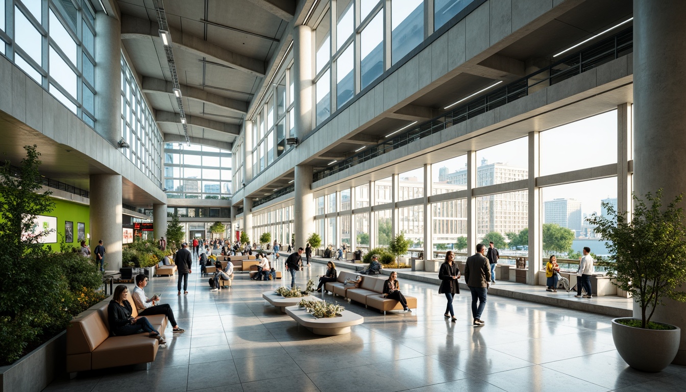 Prompt: Vibrant train station, high ceilings, natural light pouring in, airy atmosphere, modern architecture, sleek metal beams, polished marble floors, bustling crowd, urban landscape views, green walls, living plants, comfortable seating areas, curved lines, futuristic lighting fixtures, shallow depth of field, 3/4 composition, panoramic view, realistic textures, ambient occlusion.