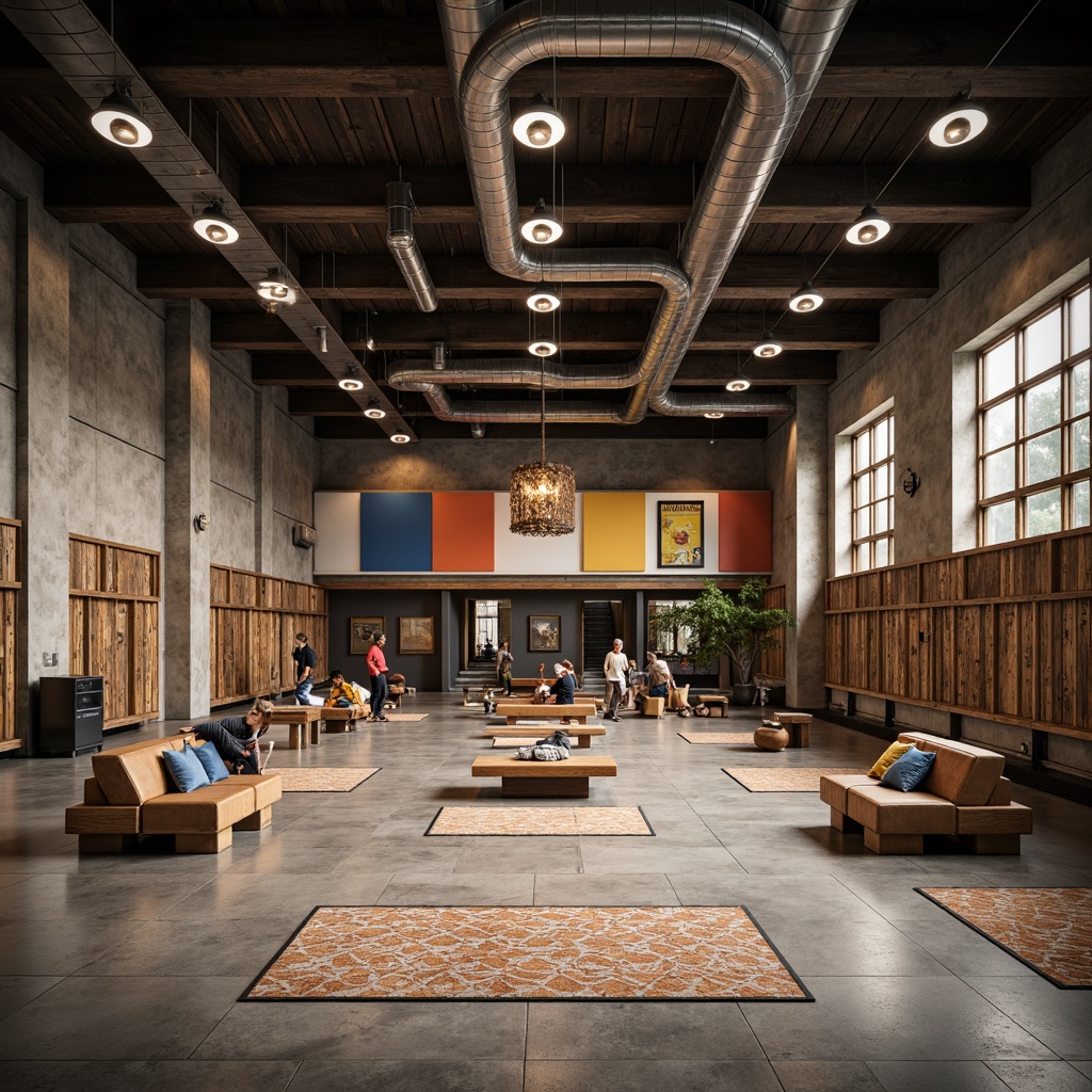 Prompt: Rustic gymnasium interior, brutalist architecture style, industrial metal beams, concrete flooring, exposed ductwork, minimalist lighting fixtures, raw wood accents, steel lockers, reclaimed wooden benches, vintage athletic equipment, distressed leather upholstery, bold color blocking, natural stone walls, geometric patterned rugs, functional decor, utilitarian aesthetic, overhead track lighting, dramatic shadows, high contrast ratio, 2/3 composition, cinematic atmosphere.