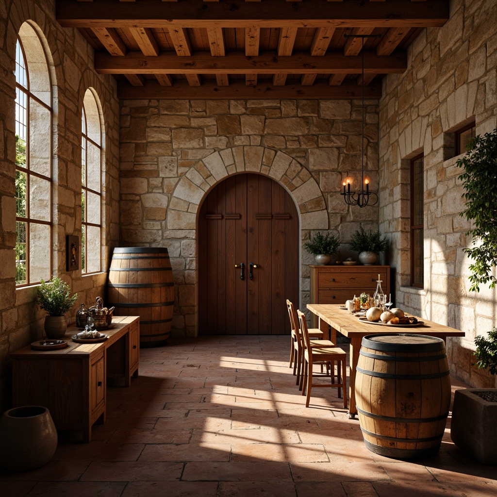 Prompt: Rustic winery, natural stone walls, wooden barrels, earthy tones, terracotta flooring, reclaimed wood accents, vintage metal equipment, distressed leather furnishings, warm candlelight, soft warm ambiance, shallow depth of field, 1/1 composition, realistic textures, ambient occlusion.