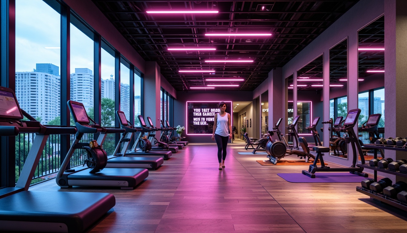 Prompt: Modern fitness club interior, sleek metallic equipment, vibrant neon lights, polished wooden floors, minimalist decor, mirrored walls, professional-grade exercise machines, comfortable cushioned benches, adjustable dumbbells, resistance bands, yoga mats, floor-to-ceiling windows, natural daylight, urban cityscape view, high-contrast color scheme, bold typography, motivational quotes, 3/4 composition, shallow depth of field, realistic textures.