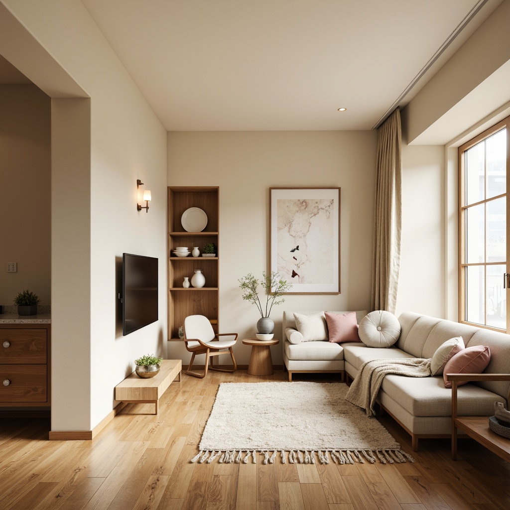 Prompt: Cozy apartment interior, warm beige walls, rich wood flooring, plush furniture upholstery, calming natural light, soft pastel hues, creamy white accents, subtle texture contrasts, modern minimalist decor, elegant lighting fixtures, delicate patterned rugs, soothing color harmony, 1/1 composition, shallow depth of field, realistic material rendering.