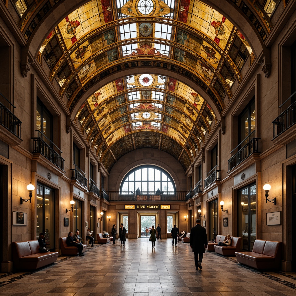 Prompt: Grandiose metro station, ornate Art Nouveau entrance, flowing organic lines, sinuous metalwork, stained glass canopies, elegant lamps, intricate mosaics, ceramic tile flooring, vaulted ceilings, arched windows, subtle warm lighting, 1/2 composition, symmetrical framing, richly textured stone walls, polished wooden benches, ornamental railings, vintage-style signage, botanical-inspired motifs, fluid curves, luxurious materials, atmospheric ambiance.