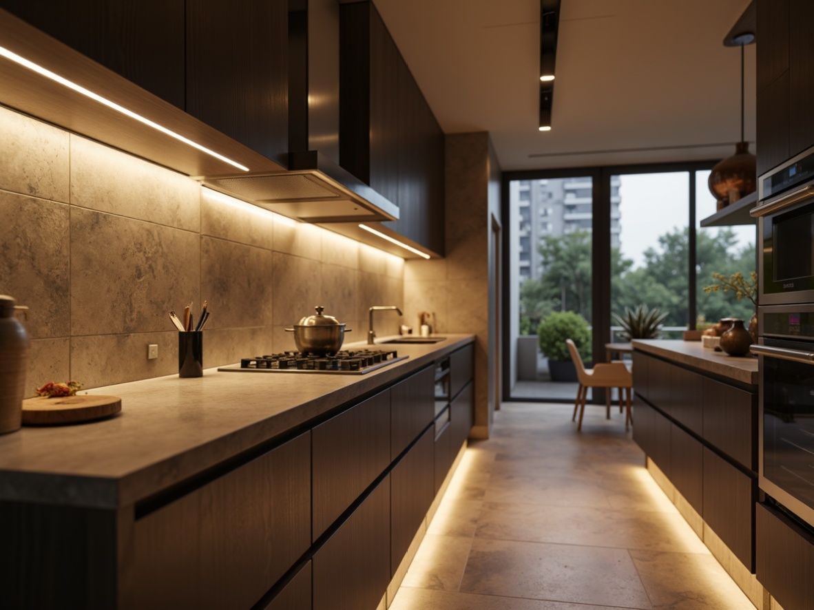 Prompt: Modern kitchen, sleek countertops, stainless steel appliances, warm ambient lighting, glass tile backsplash, subtle texture, earthy tone, natural stone accents, minimalist cabinetry, polished chrome fixtures, soft focus, shallow depth of field, 1/1 composition, realistic reflections.