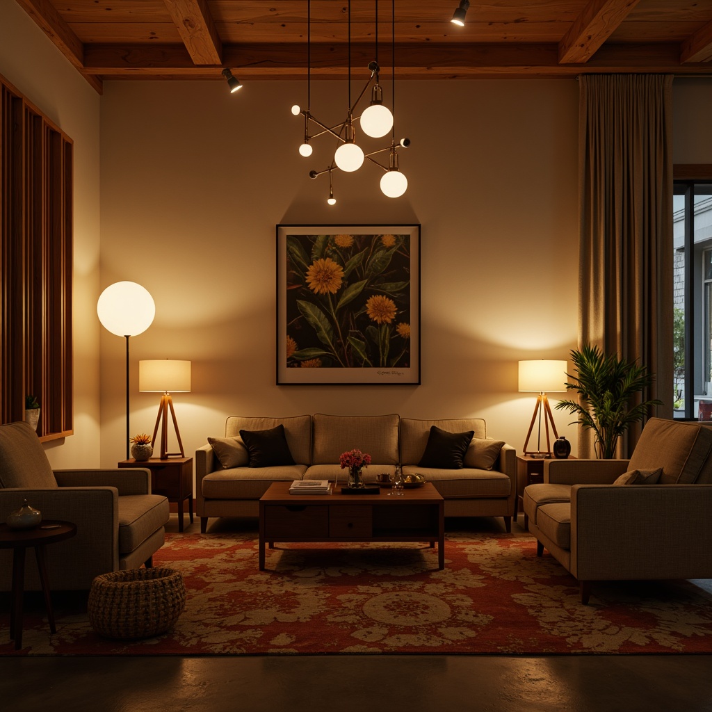 Prompt: Mid-century modern living room, warm ambient lighting, sleek floor lamps, minimalist table lamps, globe pendant lights, sputnik chandeliers, natural wood accents, geometric patterns, retro-inspired color schemes, earthy tones, soft warm glow, shallow depth of field, 3/4 composition, realistic textures, ambient occlusion.