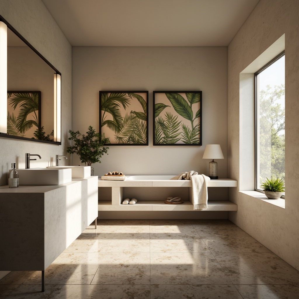 Prompt: Elegant bathroom, soft warm lighting, white marble countertops, freestanding modern vanity, minimalist design, wall-mounted sink, polished chrome faucets, large rectangular mirror, LED strip lights, ambient shadows, spa-inspired atmosphere, natural stone flooring, greenery accents, botanical prints, 1/1 composition, shallow depth of field.