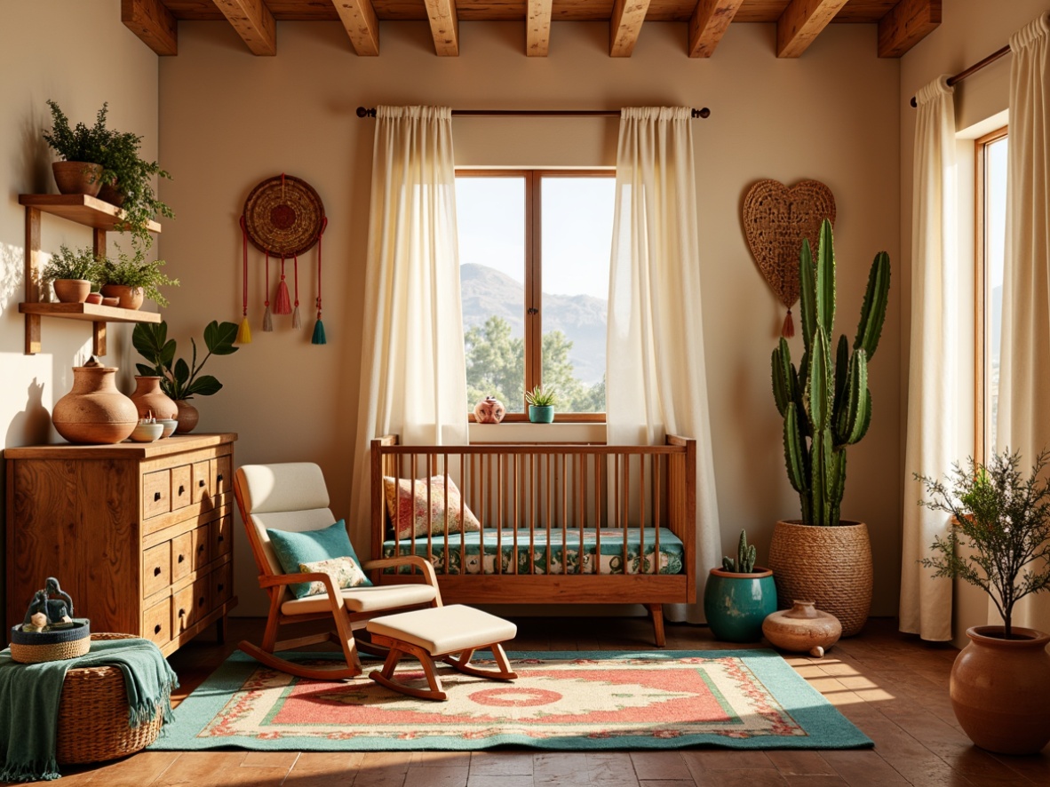 Prompt: Vibrant southwestern nursery, warm beige walls, turquoise accents, woven baskets, plush area rug, reclaimed wood crib, rustic wooden dresser, colorful Navajo-inspired textiles, soft cream curtains, natural light, cozy reading nook, comfortable glider rocker, vintage Native American pottery, earthy terracotta planters, lush greenery, cacti decorations, warm golden lighting, shallow depth of field, 1/1 composition, realistic textures, ambient occlusion.