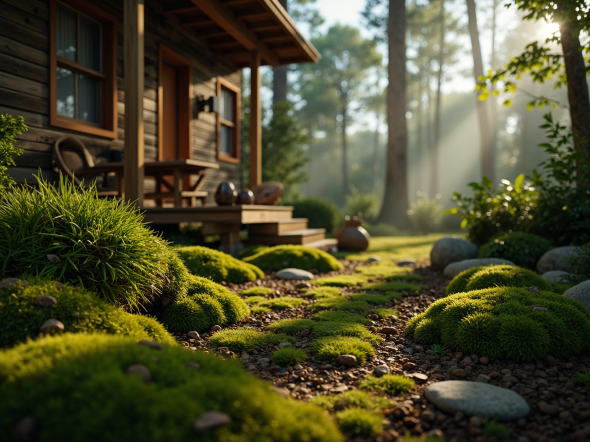 Prompt: Mossy forest floor, lush green foliage, warm earth tones, natural stone walls, rustic wooden accents, cozy cabin atmosphere, soft diffused lighting, serene misty morning, gentle rustling leaves, organic textures, earthy scent, 3/4 composition, shallow depth of field, realistic render, ambient occlusion.