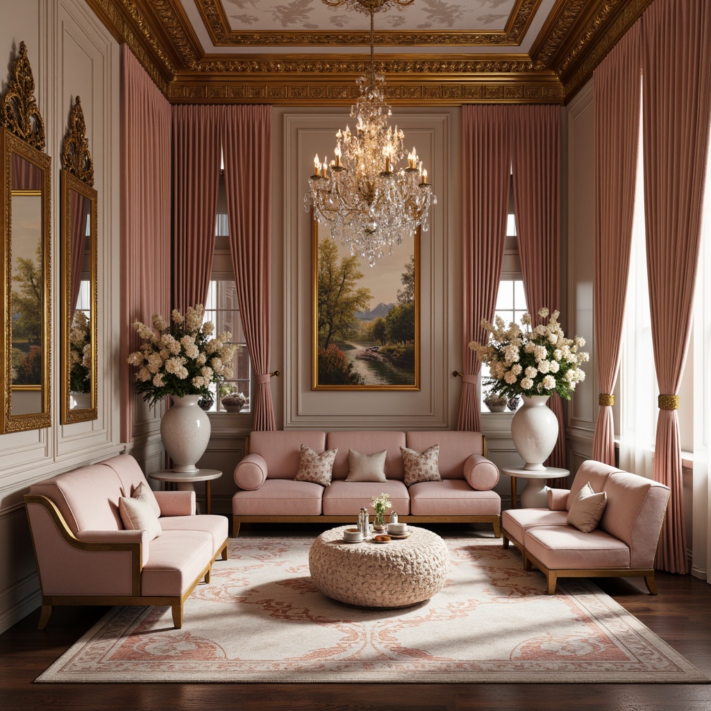 Prompt: Luxurious velvet drapes, intricately carved golden frames, ornate mirrors, lavish crystal chandeliers, delicate porcelain vases, soft pastel hues, opulent furnishings, curved lines, shell-shaped motifs, natural flower patterns, gilded accents, satin smooth finishes, luxurious textiles, tufted upholstery, whimsical wall murals, grandiose ceiling designs, dramatic cove lighting, warm candlelight ambiance, 1/1 composition, shallow depth of field, realistic textures, ambient occlusion.