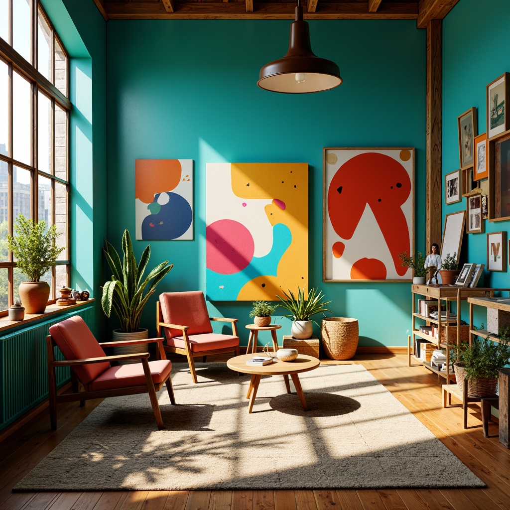 Prompt: Vibrant artistic studio, abstract expressionist paintings, eclectic furniture pieces, bold geometric shapes, bright turquoise walls, warm golden lighting, rich wood accents, natural fiber textiles, creative freedom atmosphere, 1/1 composition, soft focus effect, ambient shadows, realistic brushstrokes.