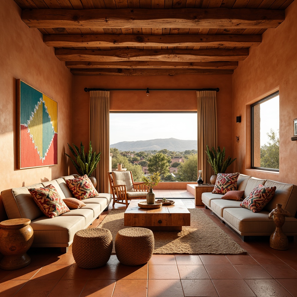 Prompt: Vibrant Southwestern interior, warm terracotta floors, rustic wooden beams, earthy adobe walls, plush sectional sofas, woven jute rugs, chunky wooden coffee tables, colorful Navajo-inspired blankets, geometric patterned throw pillows, natural linen drapes, rattan accent chairs, distressed leather ottomans, desert landscape views, abundant natural light, warm golden lighting, shallow depth of field, 3/4 composition, realistic textures, ambient occlusion.