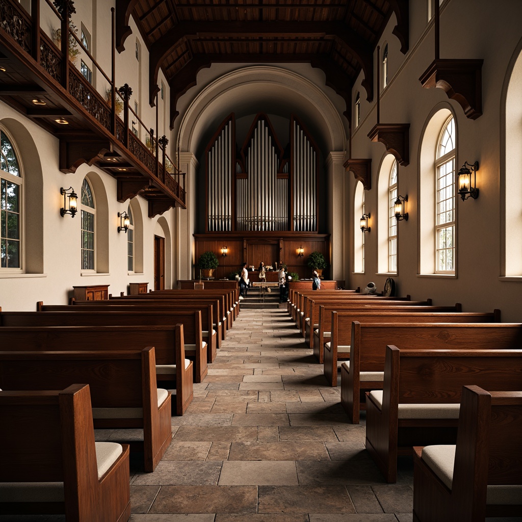 Prompt: Traditional church interior, wooden pews with curved backs, ornate carvings, rich brown wood tones, soft cushions, gentle warm lighting, stained glass windows, vaulted ceilings, grand pipe organs, intricate stone flooring, serene atmosphere, peaceful ambiance, subtle shadows, shallow depth of field, 1/1 composition, realistic textures.