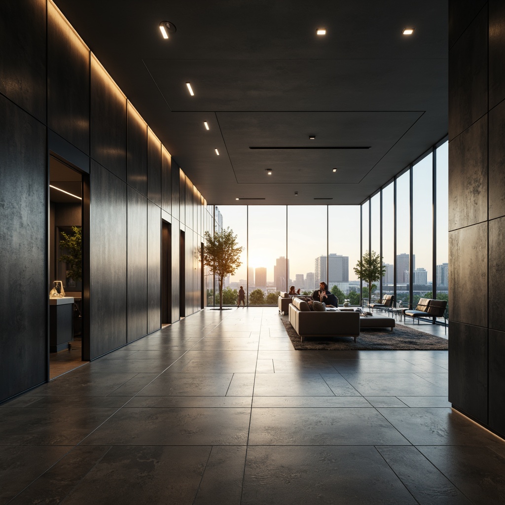 Prompt: Streamlined modern interior, minimal ornamentation, smooth walls, monochromatic color scheme, matte finishes, geometric patterns, metallic accents, sleek LED lighting, floor-to-ceiling windows, panoramic city views, urban landscape, afternoon sunlight, soft warm glow, shallow depth of field, 1/2 composition, realistic reflections, ambient occlusion.