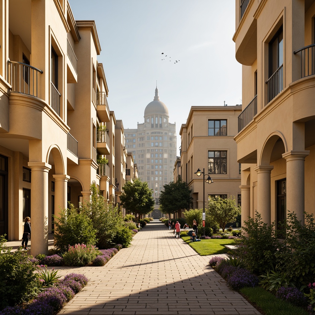 Prompt: Warm beige facades, soft cream columns, elegant archways, ornate metal railings, refined wood accents, vintage street lamps, lush greenery, blooming flowers, serene community parks, classic European-inspired architecture, symmetrical compositions, warm golden lighting, shallow depth of field, 1/1 composition, realistic textures, ambient occlusion.