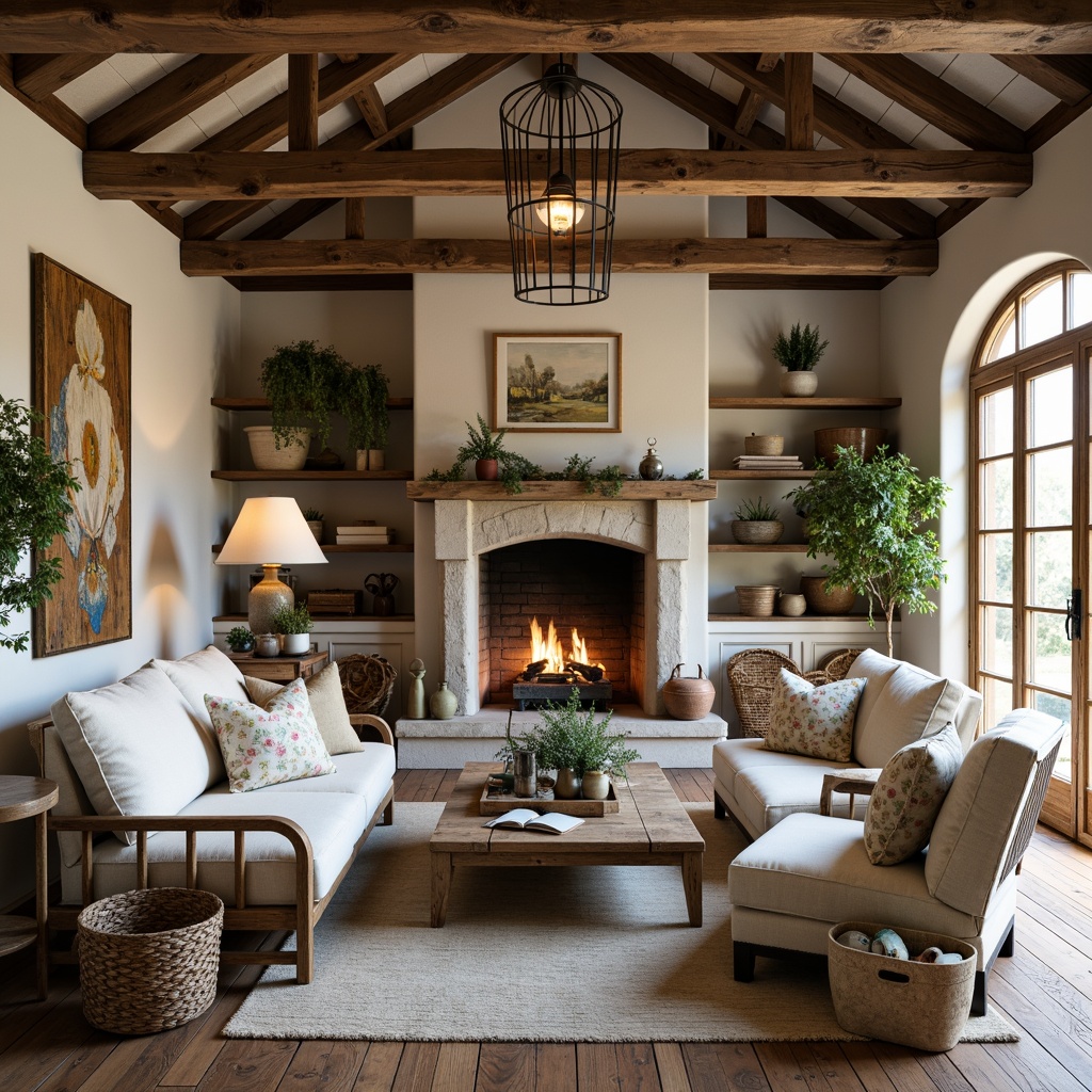 Prompt: Rustic farmhouse, vintage decor, distressed wood furniture, natural fabrics, plush cushions, earthy color palette, wooden beams, stone walls, cozy fireplace, warm lighting, natural textures, woven baskets, potted plants, country charm, eclectic accessories, antique pieces, soft pastel colors, floral patterns, nature-inspired artwork, reclaimed wood shelves, metal accents, industrial chic.