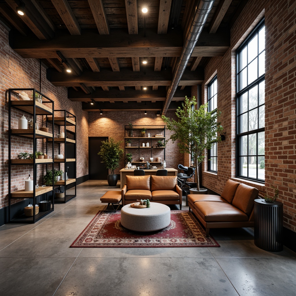 Prompt: Industrial-chic interior, exposed brick walls, metal beams, reclaimed wood accents, polished concrete floors, modern minimalist decor, sleek metal furniture frames, industrial-style lighting fixtures, functional modular shelving units, comfortable ergonomic seating, durable synthetic leather upholstery, rich velvet textiles, metallic silver accents, soft warm ambient lighting, shallow depth of field, 1/1 composition, realistic textures, ambient occlusion.