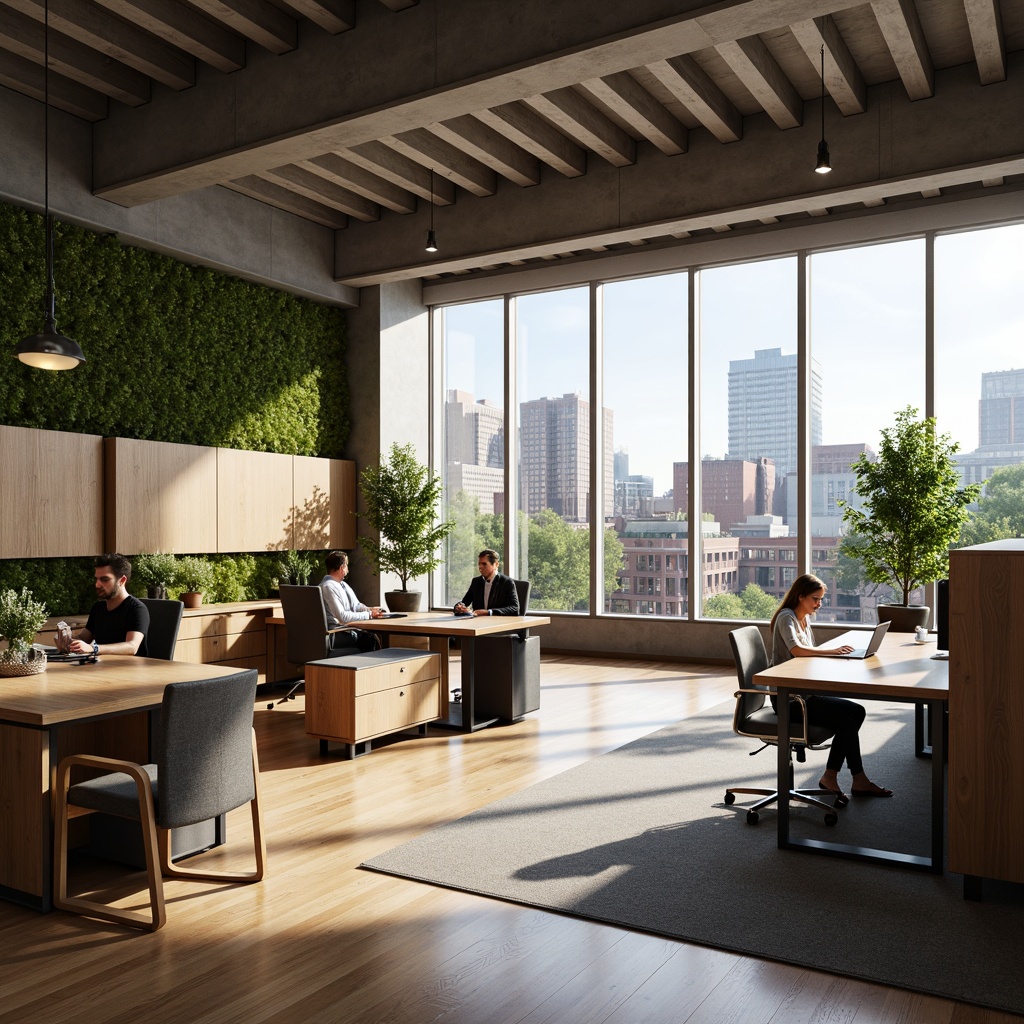 Prompt: Modern office interior, open floor plan, collaborative workspaces, minimalist decor, wooden accents, natural light, ergonomic furniture, adjustable desks, acoustic panels, green walls, urban cityscape views, floor-to-ceiling windows, neutral color palette, warm ambient lighting, shallow depth of field, 1/1 composition, realistic textures, subtle reflections.Let me know if you need any adjustments or changes!