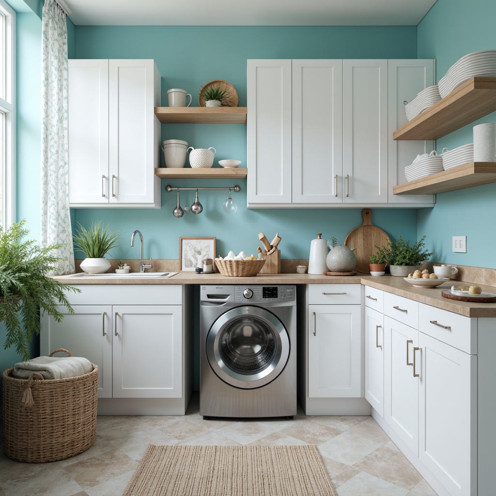 Prompt: Vibrant laundry room, soft pastel colors, calming blue hues, crisp white cabinets, sleek metallic appliances, warm beige countertops, natural stone flooring, subtle texture patterns, modern minimalist decor, ample natural light, soft diffused lighting, 1/1 composition, shallow depth of field, realistic fabric textures.