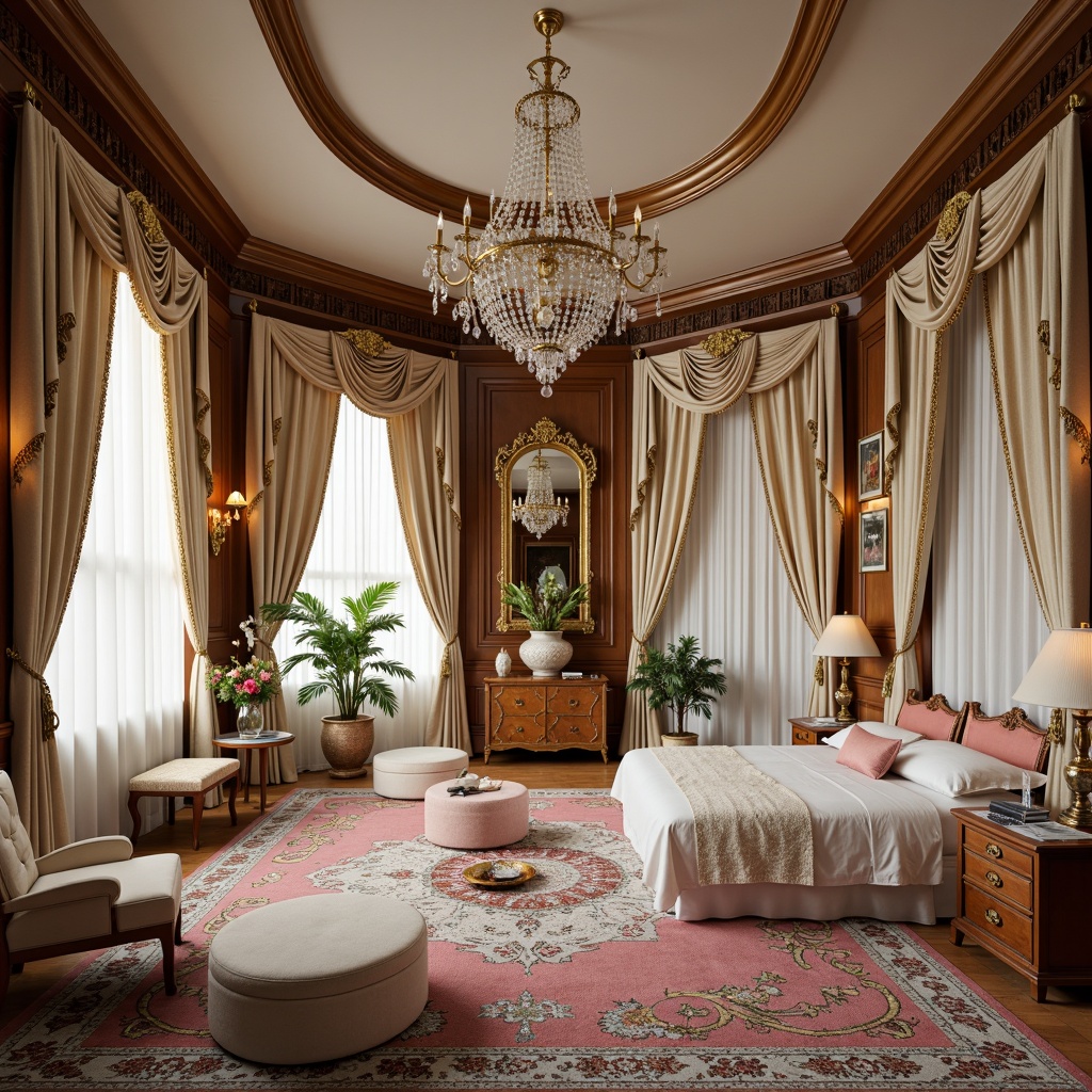 Prompt: Opulent boudoir, lavish furnishings, intricately carved wooden panels, gilded ornate mirrors, delicate porcelain vases, soft velvet drapes, ornate crystal chandeliers, richly patterned rugs, curved lines, pastel color palette, soft warm lighting, shallow depth of field, 3/4 composition, realistic textures, ambient occlusion, French Renaissance-inspired motifs, golden accents, luxurious fabrics, whimsical shell-shaped decorations.