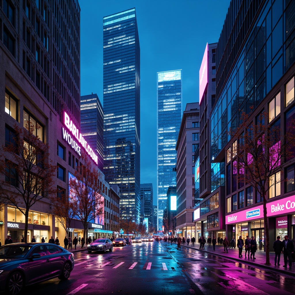 Prompt: Neon-lit cityscape, holographic advertisements, metallic skyscrapers, iridescent glass towers, luminescent streets, electric blue accents, hot pink highlights, deep purple shadows, chrome-plated details, neon green glow, cyberpunk atmosphere, rainy night scene, cinematic lighting, high-contrast colors, futuristic materials, 3D modeling, reflective surfaces, moody ambient occlusion.