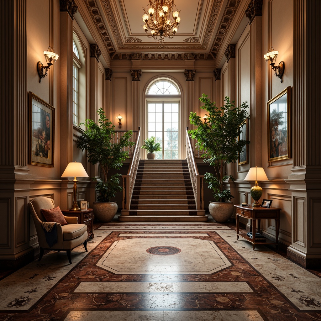 Prompt: Elegant mansion, grand entrance hall, sweeping staircase, intricately patterned floors, polished marble surfaces, inlaid wood designs, ornate furnishings, rich jewel-toned colors, sophisticated chandeliers, high ceilings, classical columns, arched windows, symmetrical compositions, soft warm lighting, subtle texture variations, 3/4 composition, atmospheric perspective.