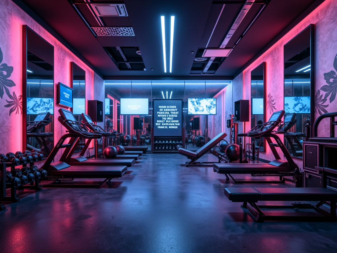 Prompt: Futuristic home gym, neon-lit walls, metallic equipment, mirrored floors, high-tech sound system, virtual training screens, ergonomic exercise machines, adjustable dumbbells, compact treadmills, folding benches, motivational quotes, abstract geometric patterns, glossy black surfaces, LED lighting strips, atmospheric fog effect, shallow depth of field, 1/2 composition, realistic textures, ambient occlusion.