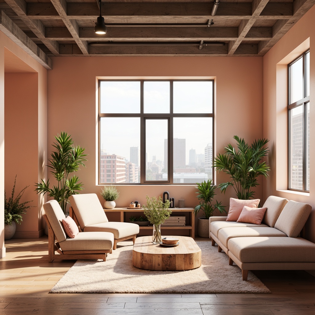 Prompt: Cozy loft interior, embracing peach color scheme, warm beige walls, soft cream furniture, blush pink accents, natural wood flooring, industrial metal beams, minimalist decor, large windows, urban city view, sunny afternoon, soft warm lighting, shallow depth of field, 1/1 composition, realistic textures, ambient occlusion.