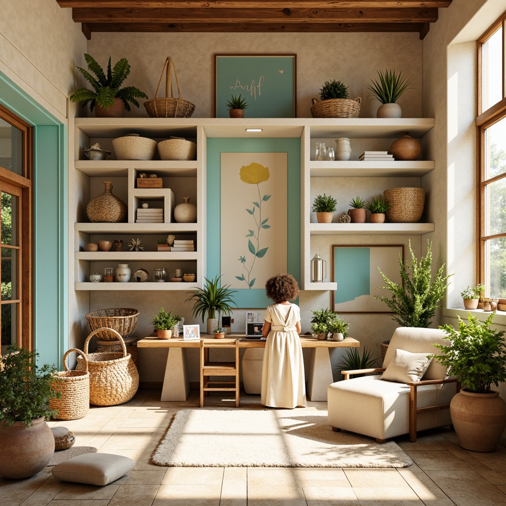 Prompt: Vibrant craft room, warm beige walls, rich wood accents, soft pastel hues, calming turquoise tones, creamy white shelves, natural textiles, woven baskets, rustic metal decorations, earthy terracotta pots, lush greenery, plenty of natural light, airy atmosphere, shallow depth of field, 3/4 composition, realistic textures, ambient occlusion.