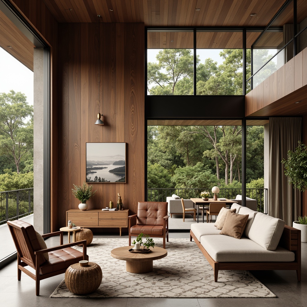 Prompt: Walnut wood, sleek low-profile sofas, tufted leather armchairs, geometric patterned rugs, minimalist coffee tables, rounded edge sideboards, wooden dowel legs, brass accents, linen upholstery, natural fiber textiles, earthy color palette, abundant greenery, floor-to-ceiling windows, sliding glass doors, open-plan living spaces, 1/1 composition, soft warm lighting, subtle shadows, realistic wood textures, ambient occlusion.