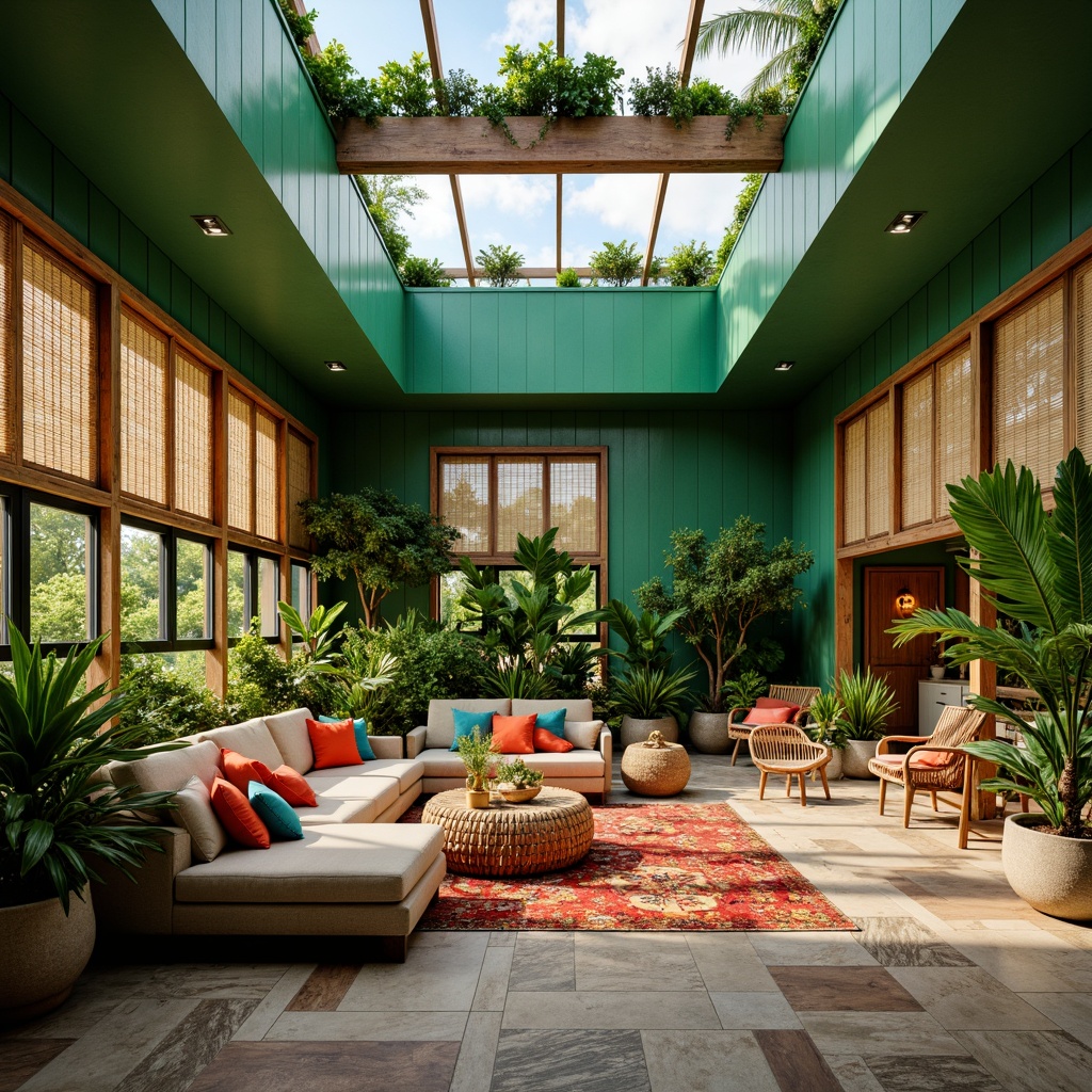 Prompt: Vibrant tropical interior, lush green walls, natural stone floors, reclaimed wood accents, rattan furniture, colorful textiles, exotic plants, warm ambient lighting, soft diffused daylight, clerestory windows, skylights, high ceilings, open spaces, minimal ornamentation, earthy tone color palette, woven bamboo shades, rustic metal fixtures, organic shapes, airy atmosphere, relaxed ambiance, subtle shadows, 1/1 composition, realistic materials, detailed textures.