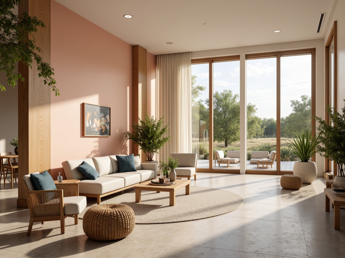 Prompt: Harmonious design space, cohesive color scheme, pastel hues, soft peach tones, calming blue accents, creamy whites, rich wood textures, natural stone flooring, minimalist decor, modern furniture pieces, abundant greenery, floor-to-ceiling windows, warm golden lighting, shallow depth of field, 1/1 composition, realistic reflections, ambient occlusion.