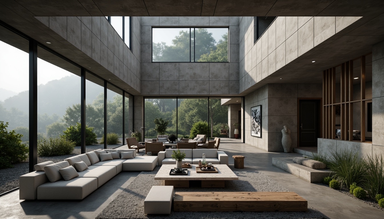 Prompt: Rugged villa, brutalist architecture, raw concrete walls, industrial-style windows, minimalist decor, open-plan living area, high ceilings, exposed ductwork, polished concrete floors, geometric-shaped furniture, abstract artwork, moody lighting, dramatic shadows, overcast sky, misty atmosphere, dense foliage, natural stone pathways, rustic wooden accents, distressed metal details, monochromatic color scheme, low-angle photography, cinematic composition, atmospheric fog effect.