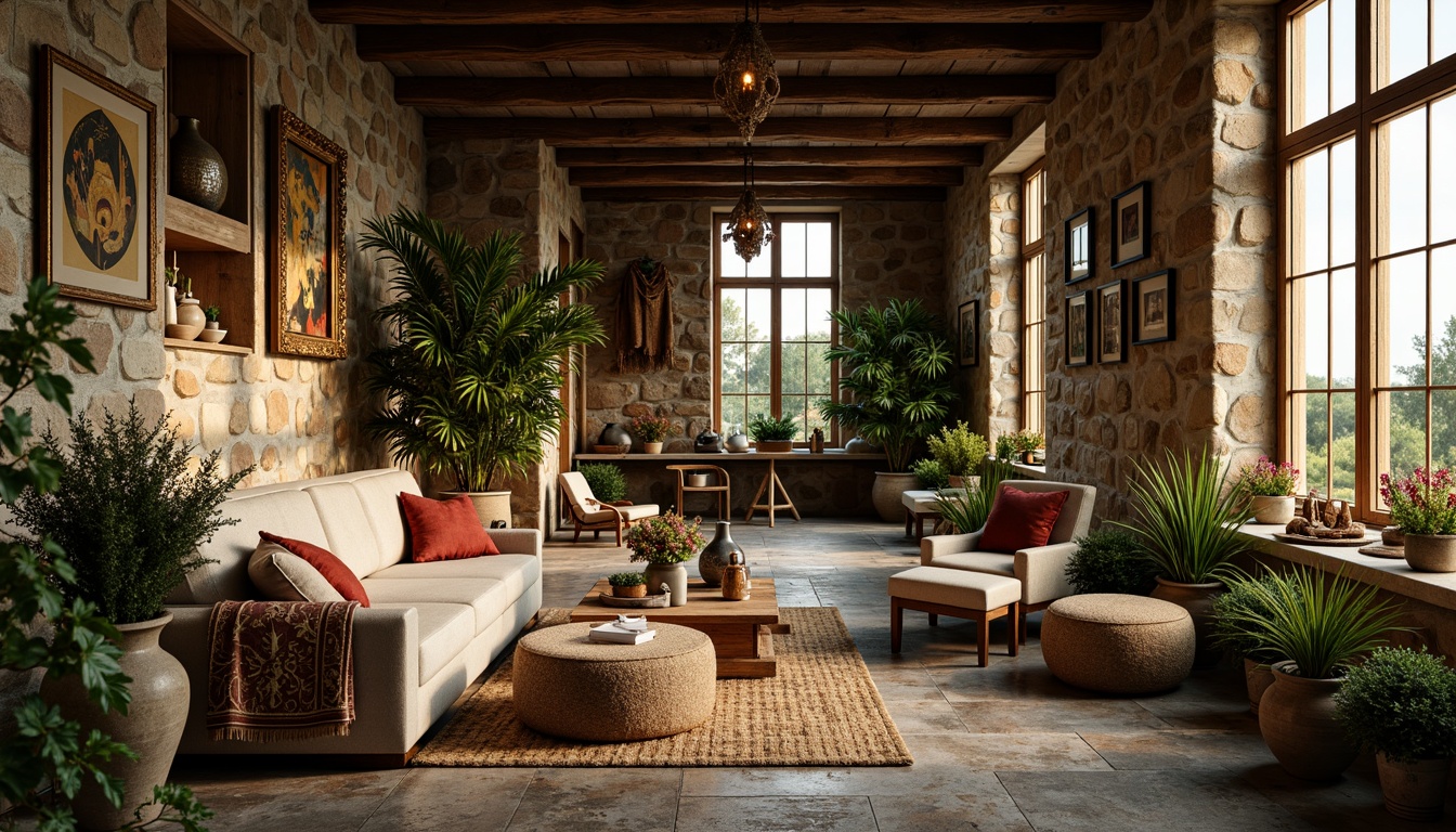 Prompt: Rustic farmhouse, natural stone walls, wooden beams, lush greenery, vintage farming tools, distressed wood accents, earthy color palette, ornate metalwork, flowing organic lines, intricate botanical patterns, luxurious velvet fabrics, rich embroidery details, soft warm lighting, cozy reading nooks, plush throw blankets, floral motifs, curved lines, nature-inspired ornaments, Art Nouveau typography, elegant ceramic vases, abundant flower arrangements, warm golden hour, shallow depth of field, 1/1 composition, intimate atmosphere.