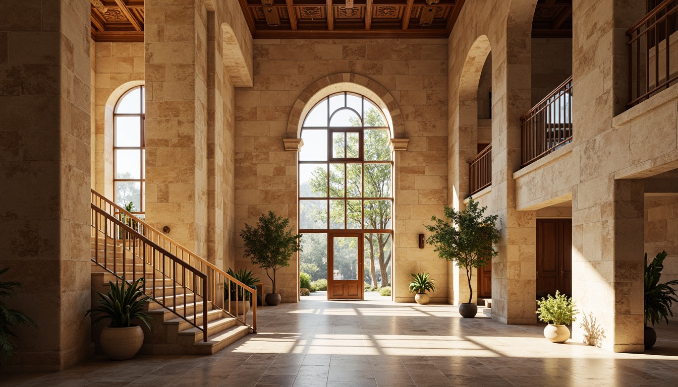 Prompt: Rustic youth center, ornate classicism fa\u00e7ade, textured stone walls, carved wooden doors, grand entrance hallways, sweeping staircases, polished marble floors, warm beige color scheme, natural light pouring through large windows, subtle arches, refined columns, elegant cornices, soft warm lighting, shallow depth of field, 1/2 composition, realistic textures, ambient occlusion.