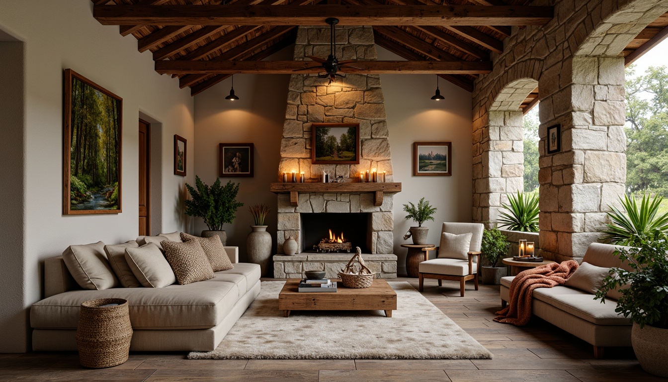 Prompt: Rustic farmhouse, natural stone walls, distressed wood accents, earthy color palette, warm candle lighting, vintage decorative items, woven textiles, plush throw blankets, soft faux fur rugs, wooden beam ceilings, exposed brick features, cozy nooks, comfortable seating areas, lush greenery, nature-inspired artwork, soft warm lighting, shallow depth of field, 3/4 composition, inviting atmosphere.