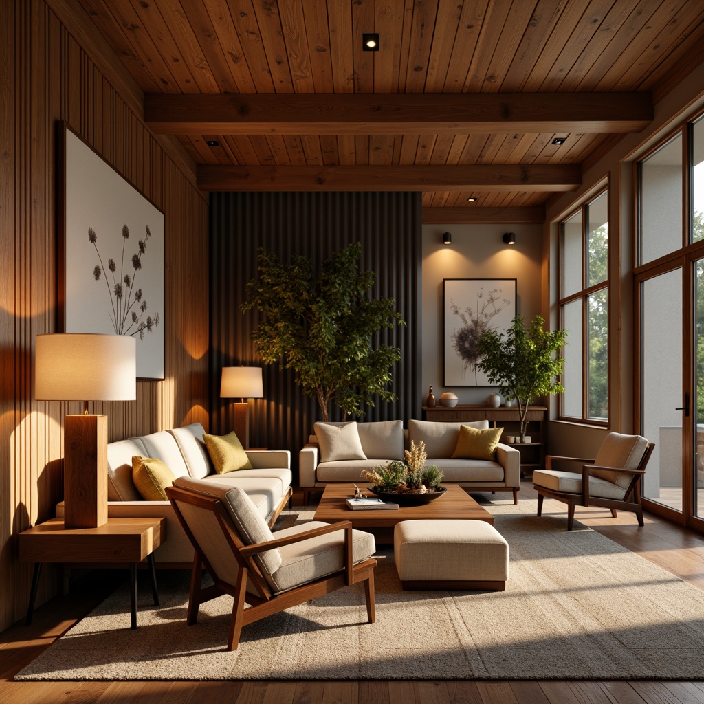 Prompt: Warm and inviting living room, mid-century modern furniture, wooden accents, natural textures, earthy color palette, table lamps with linen shades, floor lamps with sculptural shapes, pendant lights with spherical glass, recessed ceiling lighting, cove lighting, subtle warm glow, soft ambient illumination, 1/1 composition, realistic rendering, high-contrast ratio, shallow depth of field.