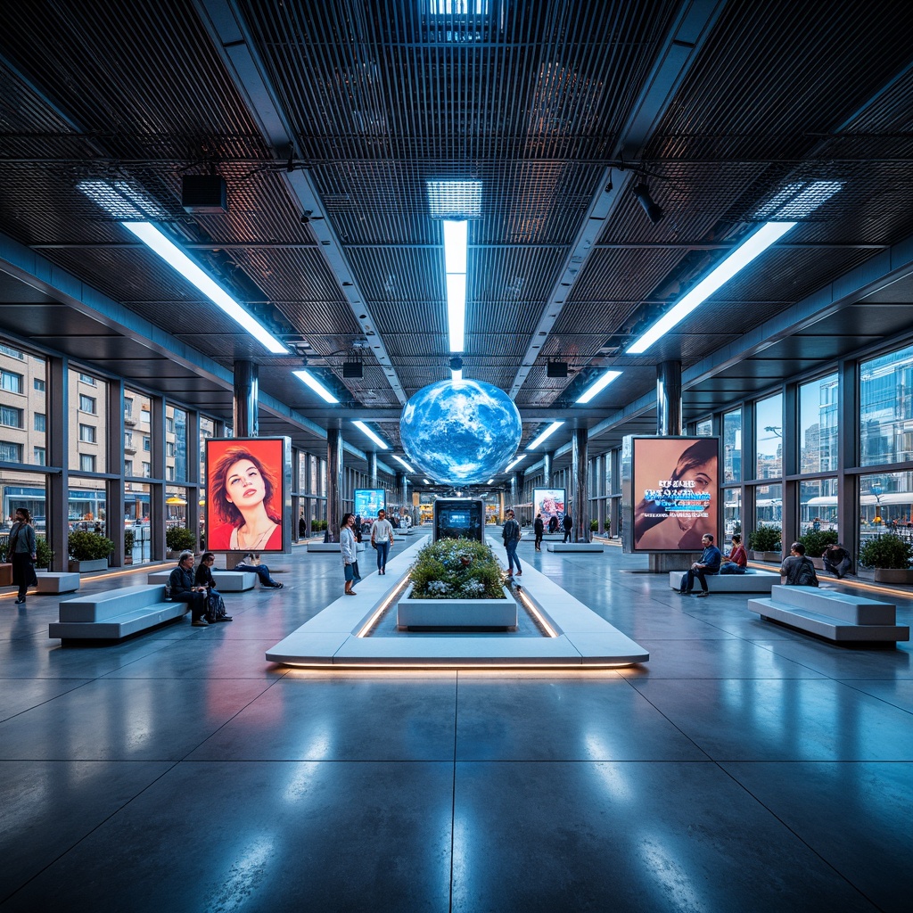 Prompt: Futuristic bus station, sleek metal framework, polished chrome accents, iridescent glass fa\u00e7ade, neon-lit signage, holographic advertisements, minimalist seating areas, gleaming silver benches, high-gloss flooring, LED strip lighting, ambient occlusion, shallow depth of field, 3/4 composition, panoramic view, realistic reflections, dynamic shadows, atmospheric misting system, futuristic typography, metallic textures, luminous ceiling installation, urban cityscape background, bustling metropolitan atmosphere, vibrant color scheme, innovative sustainable materials.