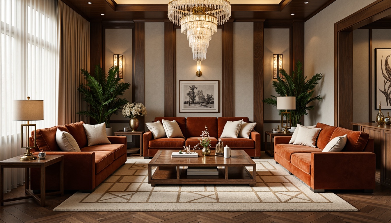 Prompt: Luxurious living room, plush velvet sofas, ornate wooden coffee tables, metallic Art Deco accents, geometric patterned rugs, lavish crystal chandeliers, rich wood paneling, neutral beige walls, tall windows, soft warm lighting, 3/4 composition, shallow depth of field, realistic textures, ambient occlusion.